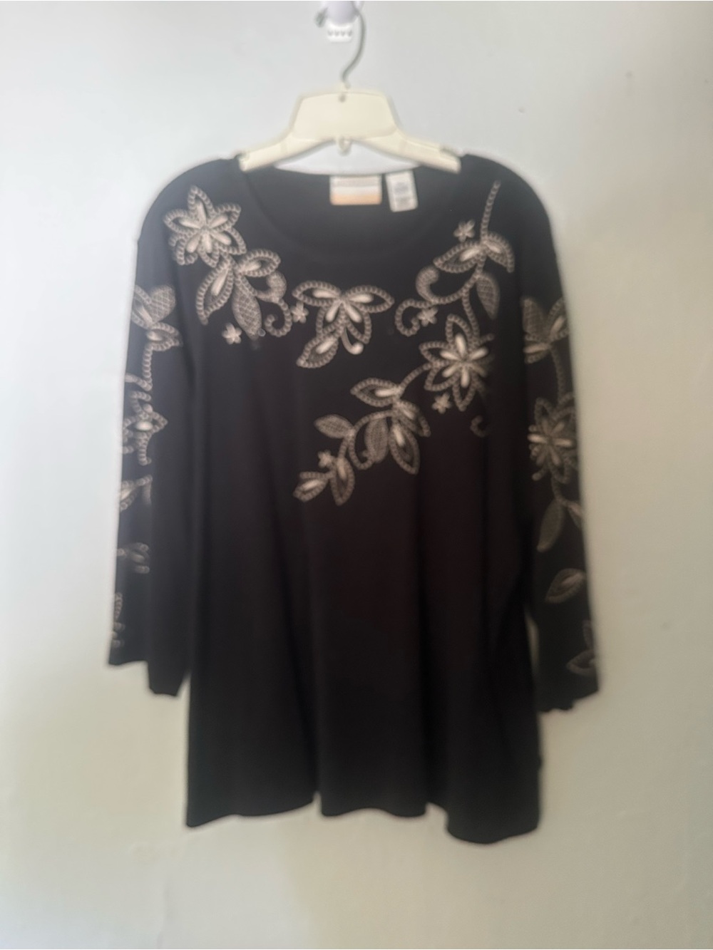 Alfred Dunner Black Long-Sleeve Top with Cream Floral Embroidery